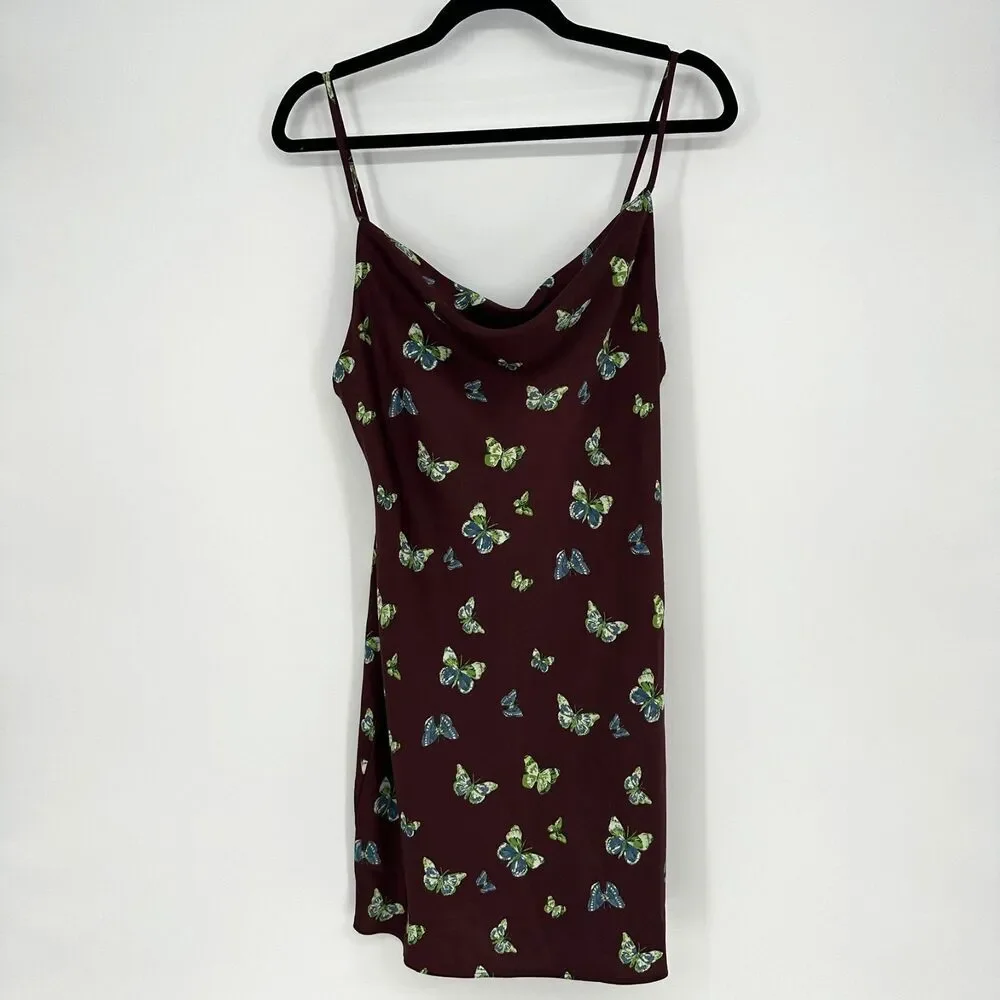 Urban Outfitters Y2K Mini Satin Slip Dress Size M Brown Butterflies Whimsical - Picture 2 of 10